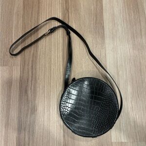 Aqua Black Crocodile-Embossed Round Crossbody Bag